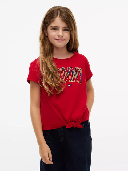 Camiseta infantil a cuadros con logo Tommy y lazo frontal