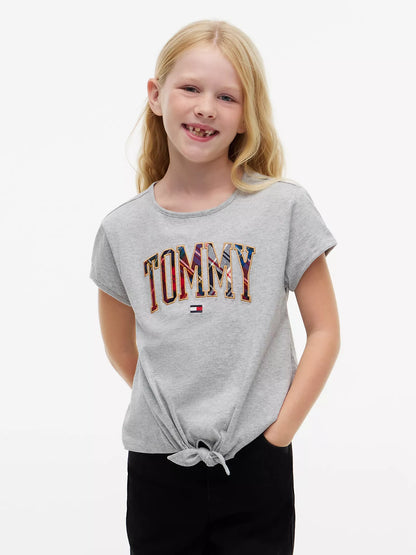 Camiseta infantil a cuadros con logo Tommy y lazo frontal