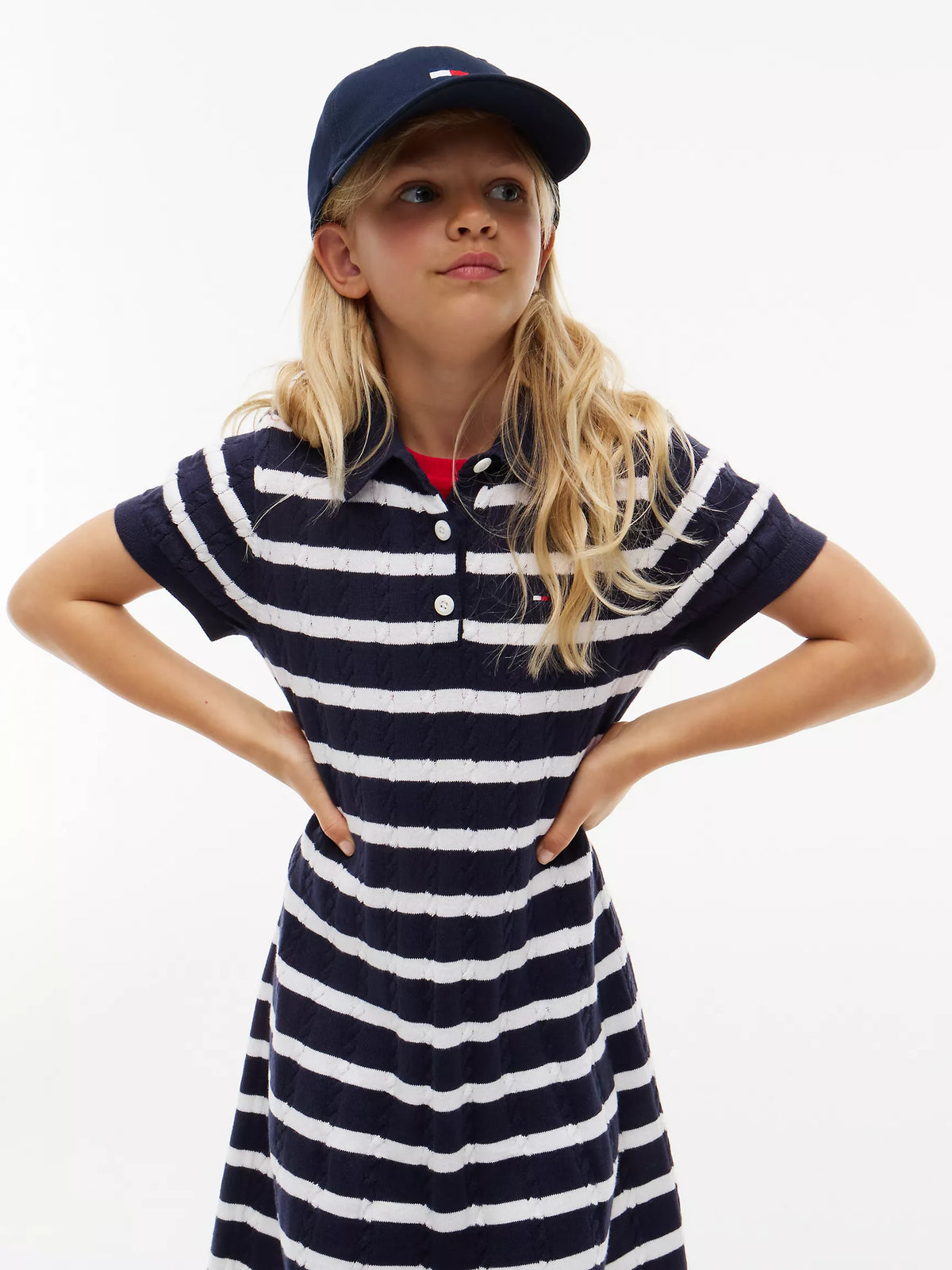 Vestido polo de punto trenzado a rayas