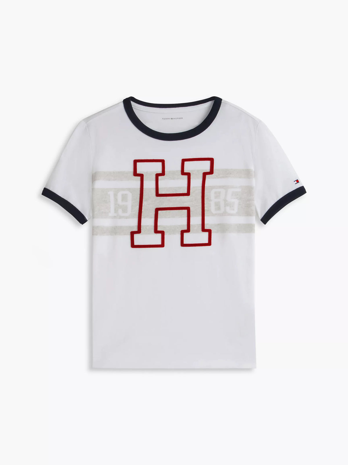 Camiseta infantil con logo y rayas estilo universitario